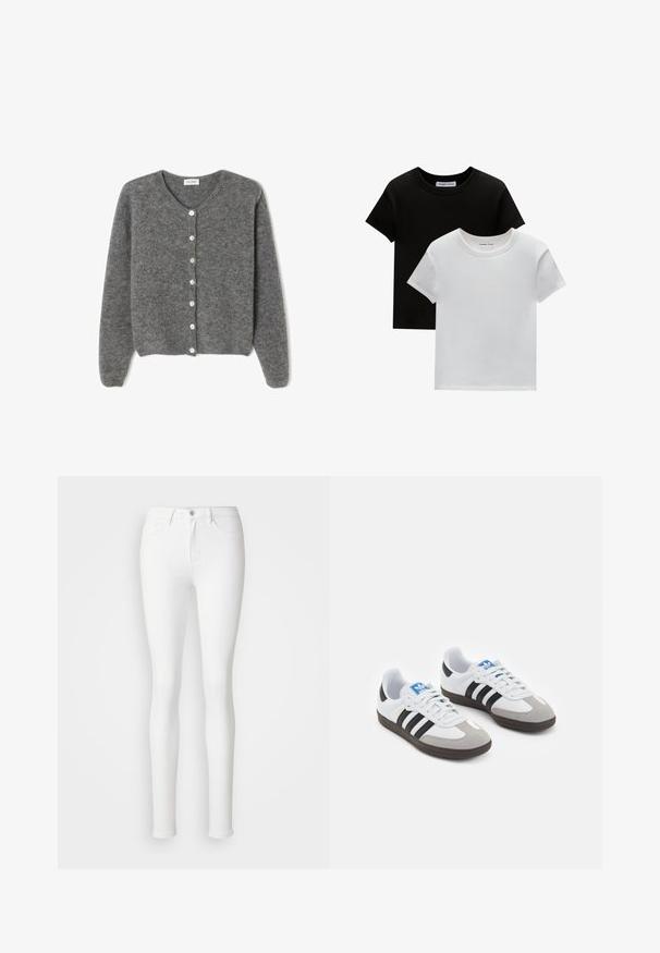 Grå ullcardigan med rund halsringning, som har sju framknappar och en mjuk, strukturerad yta. Ärmarna är något lösa.; Två crew-neck t-shirts i svart och vitt, tillverkade av bomull. De har korta ärmar och ett enfärgat mönster utan mönster eller accentuerade detaljer.; Vita smala jeans i ett stretchigt bomullsmaterial, med framfickor, dragkedja och en enkel knappknäppning.; Sportskor med överdel i vit läder, grå mocka på tårna och tre svarta ränder. Har en blå logotyp på tungan och en texturerad gummisula.