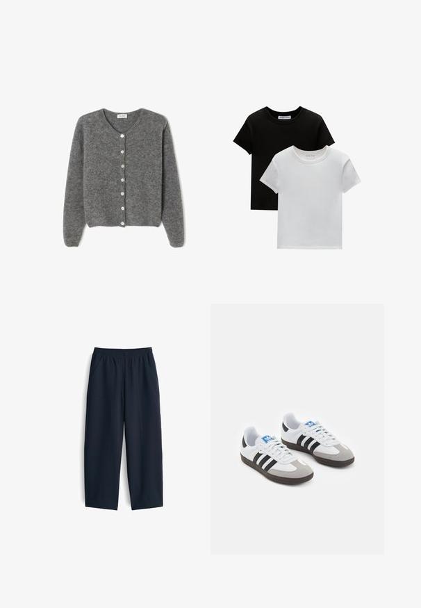 Cardigan en laine grise avec un col rond, comportant sept boutons sur le devant et une finition douce et texturée. Les manches sont légèrement amples.; Deux t-shirts à col rond en noir et blanc, fabriqués en coton. Ils ont des manches courtes et un design uni sans motifs ni accents.; Pantalon bleu marine en tissu lisse, avec une taille élastique, deux poches latérales et une coupe décontractée avec des jambes droites.; Baskets avec une tige en cuir blanc, un bout en daim gris et trois bandes noires. Présente un logo bleu sur la languette et une semelle en caoutchouc texturée.