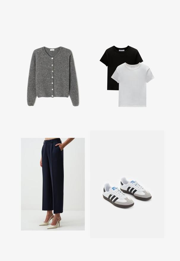 Cardigan en laine grise avec un col rond, comportant sept boutons sur le devant et une finition douce et texturée. Les manches sont légèrement amples.; Deux t-shirts à col rond en noir et blanc, fabriqués en coton. Ils ont des manches courtes et un design uni sans motifs ni accents.; Pantalons larges navy à taille haute, avec un devant plissé et des poches latérales. Associés à des talons beiges pointus pour un look contrasté.; Baskets avec une tige en cuir blanc, un bout en daim gris et trois bandes noires. Présente un logo bleu sur la languette et une semelle en caoutchouc texturée.