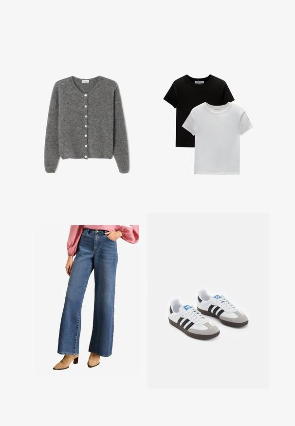 Sivi vuneni kardigan s okruglim izrezom, sa sedam prednjih dugmadi i mekim, teksturiranim završetkom. Rukavi su blago široki.; Dva majice s okruglim izrezom, u crnoj i bijeloj boji, od pamuka. Imaju kratke rukave i jednobojni dizajn bez uzoraka ili akcenta.; Plave traperice širokih nogavica s visokim strukom, prednjim džepovima i klasičnim dizajnom s pet džepova. Glatka tekstura s tamnim pranjem.; Sportske cipele s gornjištem od bijele kože, sivi suedinasti nos i tri crne pruge. Imaju plavi logo na jeziku i teksturiranu gumenu podlogu.