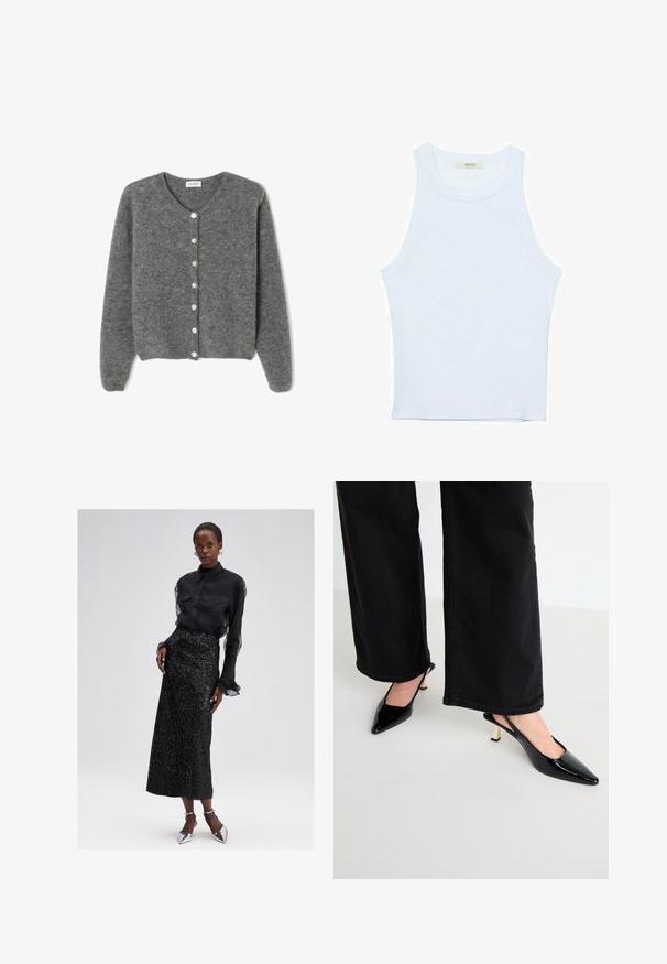 Harmaa villaneule, jossa on pyöreä kaula-aukko, seitsemällä etunapilla ja pehmeällä, teksturoidulla pinnalla. Hihat ovat hieman löysät.; Valkoinen hihaton toppi, ribbed rakenne, pyöreä pääntie, hihaton malli, tiukka muoto, hillitty brändäys kauluksella sisäpuolella.; Musta napitettava paita, jossa on läpinäkyvät hihat, yhdistettynä paljettimustaan midi-hameeseen ja hopeisiin korkokenkiin. Tyylikäs ja tekstuuriherkkä muotoilu.; Simmi London JUNE - Avokkaat - black