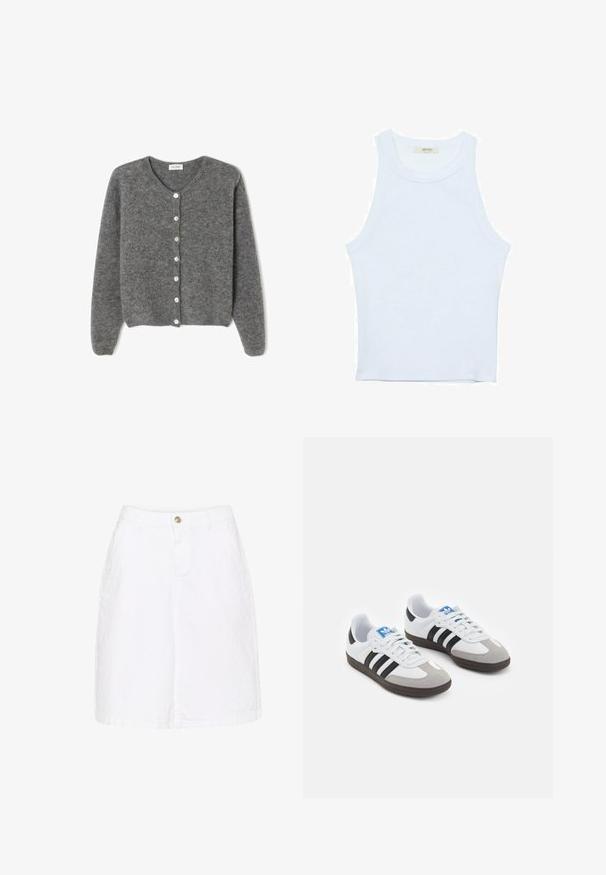 Grå uld cardigan med rund hals, prydet med syv knapper foran og en blød, tekstureret overflade. Ærmerne er en smule løse.; Hvid tanktop, ribbet tekstur, rund halsudskæring, ærmeløs design, tætsiddende form, diskret branding på mærket inden i kraveområdet.; Hvid denim nederdel i bomuld med knaplukning foran, sidelommer og lige silhuet, som har en subtil tekstureret finish.; Sportsko med en overdel i hvid læder, grå ruskind på tåen og tre sorte striber. Har et blåt logo på tungen og en struktureret gummisål.