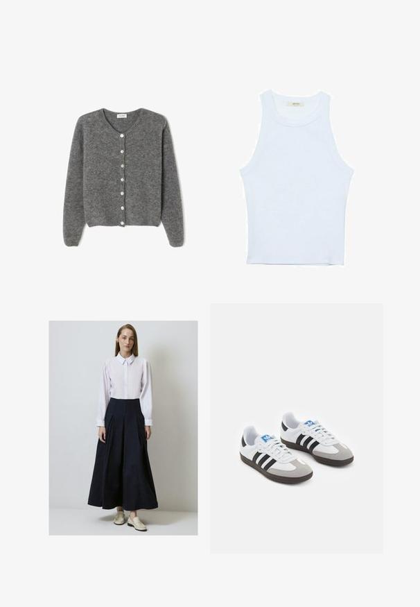 Sivkasta volnenega kardigana z okroglim izrezom, ki ima sedem sprednjih gumbov in mehak, teksturiran zaključek. Rokavi so nekoliko ohlapni.; Bela majica bez rukavov, rebrasta tekstura, okrugli izrez, kroj koji prati tijelo, suptilno brendiranje na etiketi unutar ovratnika.; Bela srajca s ovratnikom in gumbom, v kombinaciji z ohlapno mornarsko modro naborkano krilo. Nosi se z svetlimi natikači.; Športni čevlji z belim usnjenim zgornjim delom, sivim semišem na prstih in tremi črnimi črtami. Imajo modro logo na jeziku in teksturiran gumijast podplat.