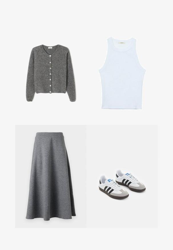 Grau gestrickte Wolle-Cardigan mit rundem Ausschnitt, ausgestattet mit sieben Vorderknöpfen und einer weichen, strukturierten Oberfläche. Die Ärmel sind leicht weit.; Weißes Tanktop, gerippte Textur, runder Ausschnitt, ärmelloses Design, enganliegende Form, dezente Markenkennzeichnung im Etikett im Kragenbereich.; Grauer, knielanger Rock aus weichem, dehnbarem Material, mit einem ausgestellten Design und einem elastischen Bund für zusätzlichen Komfort.; Sportschuhe mit einem Obermaterial aus weißem Leder, grauer Wildleder-Zehenkappe und drei schwarzen Streifen. Sie verfügen über ein blaues Logo auf der Zunge und eine strukturierte Gummisohle.