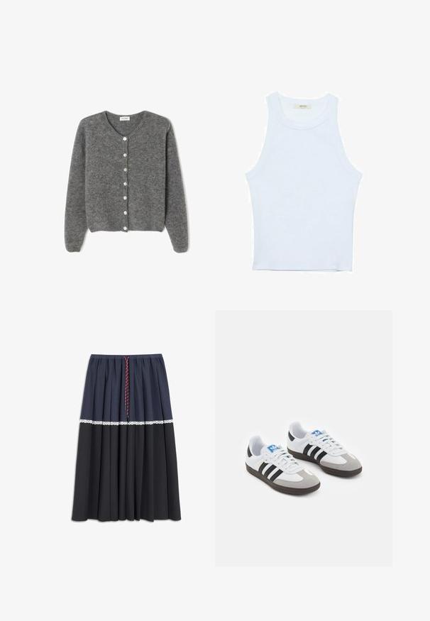 Cardigan en laine grise avec un col rond, comportant sept boutons sur le devant et une finition douce et texturée. Les manches sont légèrement amples.; Débardeur blanc, texture côtelée, encolure ronde, design sans manches, forme ajustée, marque discrète sur l'étiquette à l'intérieur du col.; Une jupe à volants présentant une section supérieure bleu foncé, un accent en dentelle blanche au milieu, et une section inférieure noire. Taille élastique avec cordon de serrage.; Baskets avec une tige en cuir blanc, un bout en daim gris et trois bandes noires. Présente un logo bleu sur la languette et une semelle en caoutchouc texturée.