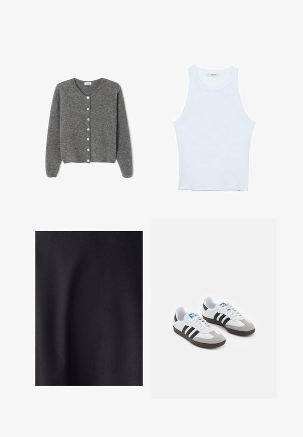 Harmaa villaneule, jossa on pyöreä kaula-aukko, seitsemällä etunapilla ja pehmeällä, teksturoidulla pinnalla. Hihat ovat hieman löysät.; Valkoinen hihaton toppi, ribbed rakenne, pyöreä pääntie, hihaton malli, tiukka muoto, hillitty brändäys kauluksella sisäpuolella.; Mustaa kangasta, jossa on sileä, matta pinta. Pintassa on hieno kiilto, joka korostaa hienoa kudontaa ilman näkyviä kuvioita tai koristeita.; Urheilukengät, joissa on valkoinen nahkainen päällinen, harmaa mokkanokka ja kolme mustaa raitaa. Ominaisuuksina sininen logo kielekkeessä ja kuvioitu kumipohja.