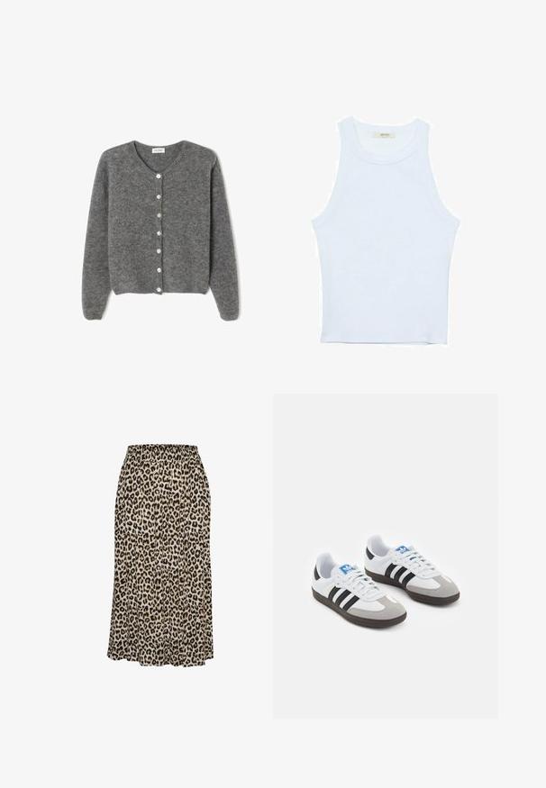 Sivi vuneni kardigan s okruglim izrezom, sa sedam prednjih dugmadi i mekim, teksturiranim završetkom. Rukavi su blago široki.; Bijela majica na bretele, rebrasta tekstura, okrugli izrez, bez rukava, uski kroj, suptilno brendiranje na etiketici unutar područja ovratnika.; Sužava suknja od laganog materijala s uzorkom leopard, koja ima elastičnu sredinu struka i lepršavi kroj koji seže do sredine tele.; Sportske cipele s gornjištem od bijele kože, sivi suedinasti nos i tri crne pruge. Imaju plavi logo na jeziku i teksturiranu gumenu podlogu.