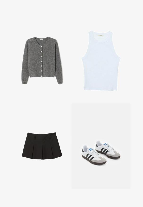Grijze wollen cardigan met een ronde halslijn, voorzien van zeven knopen aan de voorkant en een zachte, gestructureerde afwerking. De mouwen zijn iets los.; Witte tanktop, geribbelde textuur, ronde halslijn, mouwloos ontwerp, aansluitende vorm, subtiele branding op het label binnenin de kraag.; Zwarte plissésrok met een aansluitende tailleband en een zachte textuur. Ontworpen met voorplooien voor extra vorm en stijl.; Sportschoenen met een witte leren bovenkant, grijze suède neus en drie zwarte strepen. Bevat een blauw logo op de tong en een gestructureerde rubberen zool.