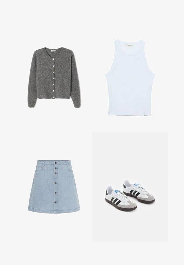 Sivý vlnený kardigán s okrúhlym výstrihom, s vydaním sedem predných gombíkov a jemným, textúrovaným povrchom. Rukávy sú mierne voľné.; Biele tielko, rebrový textúra, okrúhly výstrih, bezrukávový dizajn, priliehavý strih, diskrétne logo na štítku vo vnútri oblasti goliera.; Džínová sukňa svetlomodrej farby s bielymi prúžkami. Vybavená zapínaním na gombíky na prednej strane, dvoma bočnými vreckami a rozšíreným lemom.; Športové topánky s bielym koženým zvrškom, šedou semišovou špičkou a tromi čiernymi pruhmi. Obsahujú modré logo na jazyku a štruktúrovanú gumovú podrážku.