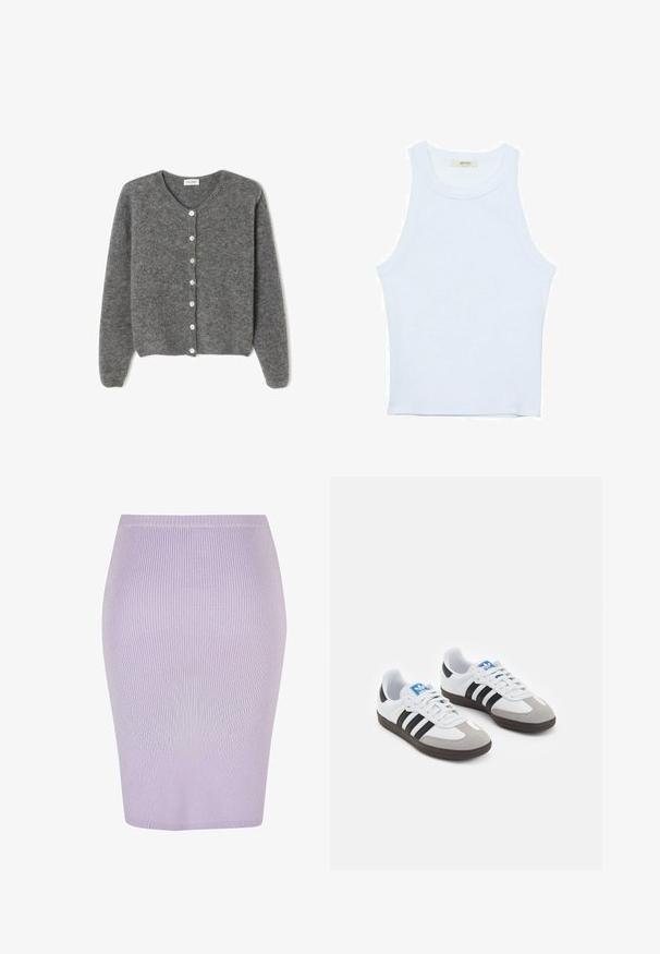 Sivi vuneni kardigan s okruglim izrezom, sa sedam prednjih dugmadi i mekim, teksturiranim završetkom. Rukavi su blago široki.; Bijela majica na bretele, rebrasta tekstura, okrugli izrez, bez rukava, uski kroj, suptilno brendiranje na etiketici unutar područja ovratnika.; Rebrasta suknja u svijetlo ljubičastoj boji s prilagođenim dizajnom. Ima visok struk, glatku teksturu i dužinu do koljena.; Sportske cipele s gornjištem od bijele kože, sivi suedinasti nos i tri crne pruge. Imaju plavi logo na jeziku i teksturiranu gumenu podlogu.