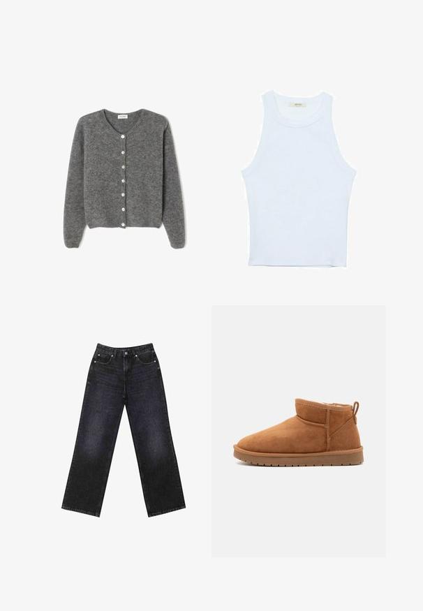 Cardigan en laine grise avec un col rond, comportant sept boutons sur le devant et une finition douce et texturée. Les manches sont légèrement amples.; Débardeur blanc, texture côtelée, encolure ronde, design sans manches, forme ajustée, marque discrète sur l'étiquette à l'intérieur du col.; Jean en denim noir taille haute avec une coupe large, design à cinq poches et coutures visibles. Le tissu a une finition lisse, légèrement texturée.; Call it Spring JAMIELEE - Bottes de neige - camel