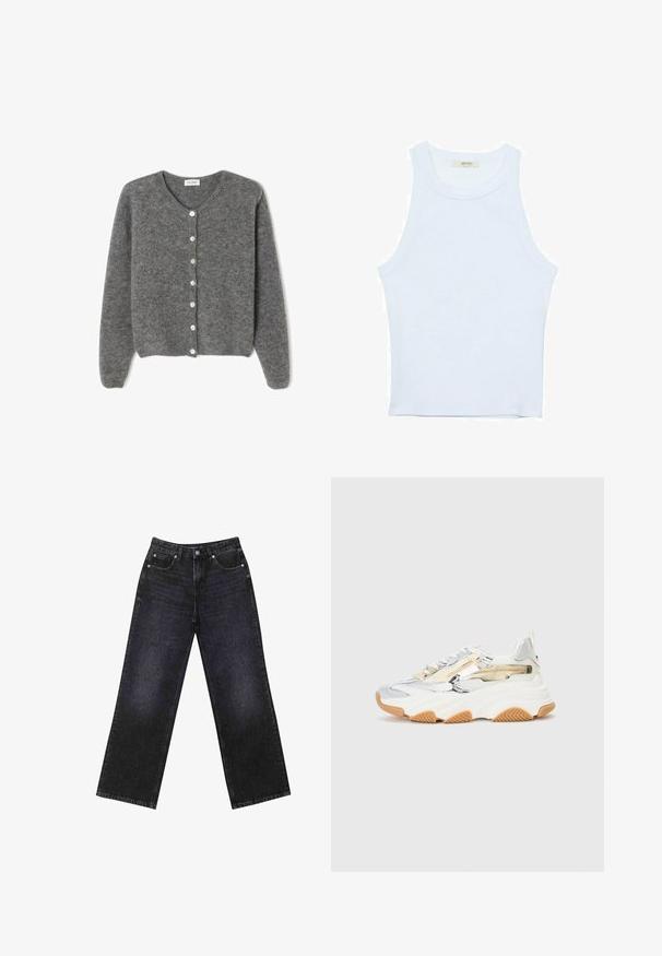 Sivý vlnený kardigán s okrúhlym výstrihom, s vydaním sedem predných gombíkov a jemným, textúrovaným povrchom. Rukávy sú mierne voľné.; Biele tielko, rebrový textúra, okrúhly výstrih, bezrukávový dizajn, priliehavý strih, diskrétne logo na štítku vo vnútri oblasti goliera.; Vysoké čierne denimmové džínsy so širokým strihom, dizajnom s piatimi vreckami a viditeľným šitím. Tkanina má hladký, mierne textúrovaný povrch.; Masívne tenisky v striebornej a bielej sieťovine, s textúrovanou gumovou podrážkou, dekoratívnymi zipsami a gumenou podrážkou.