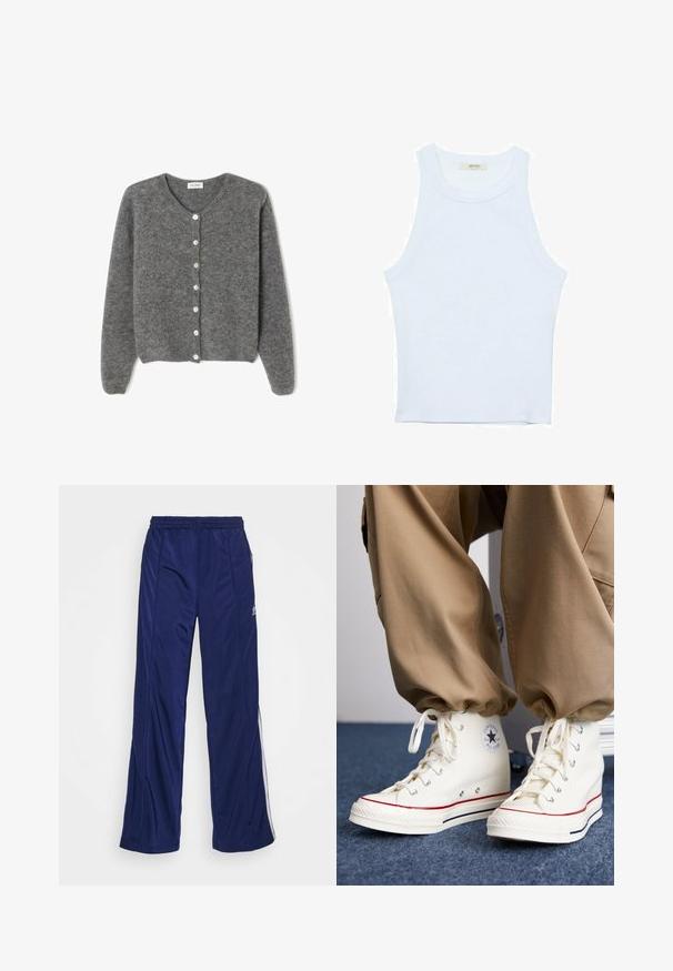 Harmaa villaneule, jossa on pyöreä kaula-aukko, seitsemällä etunapilla ja pehmeällä, teksturoidulla pinnalla. Hihat ovat hieman löysät.; Valkoinen hihaton toppi, ribbed rakenne, pyöreä pääntie, hihaton malli, tiukka muoto, hillitty brändäys kauluksella sisäpuolella.; Laivastonsiniset urheiluhousut, joissa on joustava vyötärö, suorat lahkeet ja sivuvetoketjut. Sivuille on lisätty valkoista kaitaliinaa. Housuissa on sileä kankaan rakenne.; Valkoiset korkeavartiset tennarit, jotka on valmistettu kankaasta ja joissa on kumipohja. Niissä on musta tähti-logo sekä punaiset ja tummansiniset raitakorostukset.