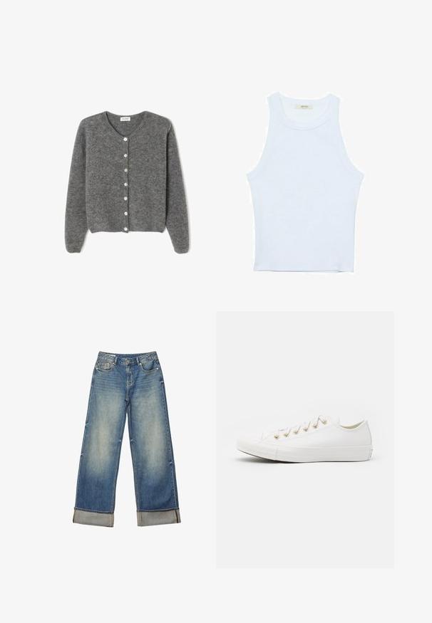 Szary wełniany kardigan z okrągłym dekoltem, z siedmioma guzikami z przodu i miękkim, teksturowanym wykończeniem. Rękawy są nieco luźne.; Biały top bez rękawów, prążkowana tekstura, okrągły dekolt, dopasowany krój, subtelne logo na metce wewnątrz obszaru kołnierza.; Jasnoniebieskie dżinsy o szerokich nogawkach z widocznymi zmatowieniami, z zapięciem na guzik oraz podwiniętymi mankietami z kontrastowym szwem.; Converse CHUCK TAYLOR biały