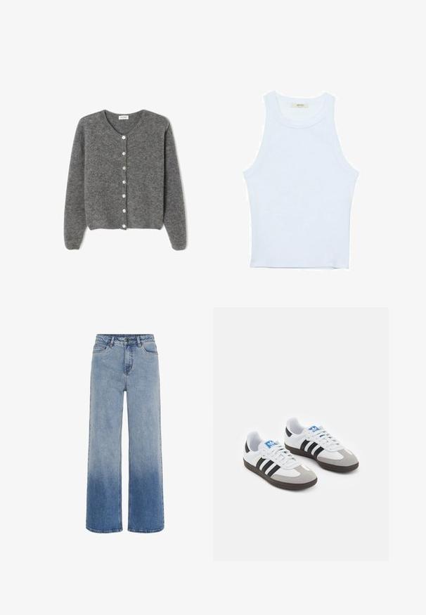 Sivi vuneni kardigan s okruglim izrezom, sa sedam prednjih dugmadi i mekim, teksturiranim završetkom. Rukavi su blago široki.; Bijela majica na bretele, rebrasta tekstura, okrugli izrez, bez rukava, uski kroj, suptilno brendiranje na etiketici unutar područja ovratnika.; Traperice s visokim strukom u plavoj boji, širokih nogavica, s gradijentnim prelazom od svijetloplave do tamnoplave na dnu.; Sportske cipele s gornjištem od bijele kože, sivi suedinasti nos i tri crne pruge. Imaju plavi logo na jeziku i teksturiranu gumenu podlogu.