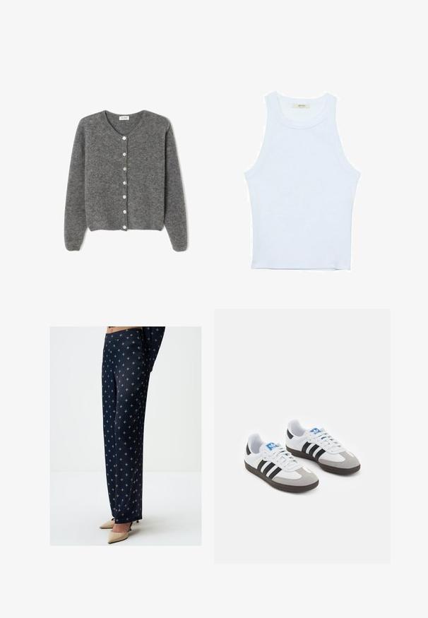 Grijze wollen cardigan met een ronde halslijn, voorzien van zeven knopen aan de voorkant en een zachte, gestructureerde afwerking. De mouwen zijn iets los.; Witte tanktop, geribbelde textuur, ronde halslijn, mouwloos ontwerp, aansluitende vorm, subtiele branding op het label binnenin de kraag.; Marineblauwe broeken met een gladde textuur, voorzien van een geometrisch patroon in lichte kleuren. Gekleed met nude high heels.; Sportschoenen met een witte leren bovenkant, grijze suède neus en drie zwarte strepen. Bevat een blauw logo op de tong en een gestructureerde rubberen zool.