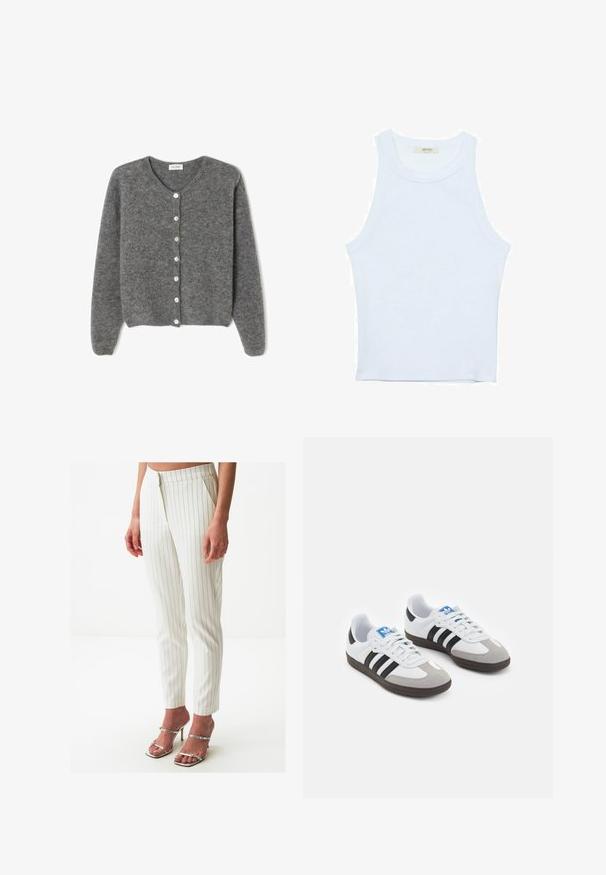 Gray wool cardigan with a round neckline, featuring seven front buttons and a soft, textured finish. Sleeves are slightly loose.; White tank top, ribbed texture, round neckline, sleeveless design, fitted shape, subtle branding on the label inside the collar area.; White pinstriped trousers in a tailored fit with a smooth texture and a concealed zipper. Paired with silver strappy high heels.; Sport shoes with a white leather upper, gray suede toe, and three black stripes. Features a blue logo on the tongue and a textured rubber sole.