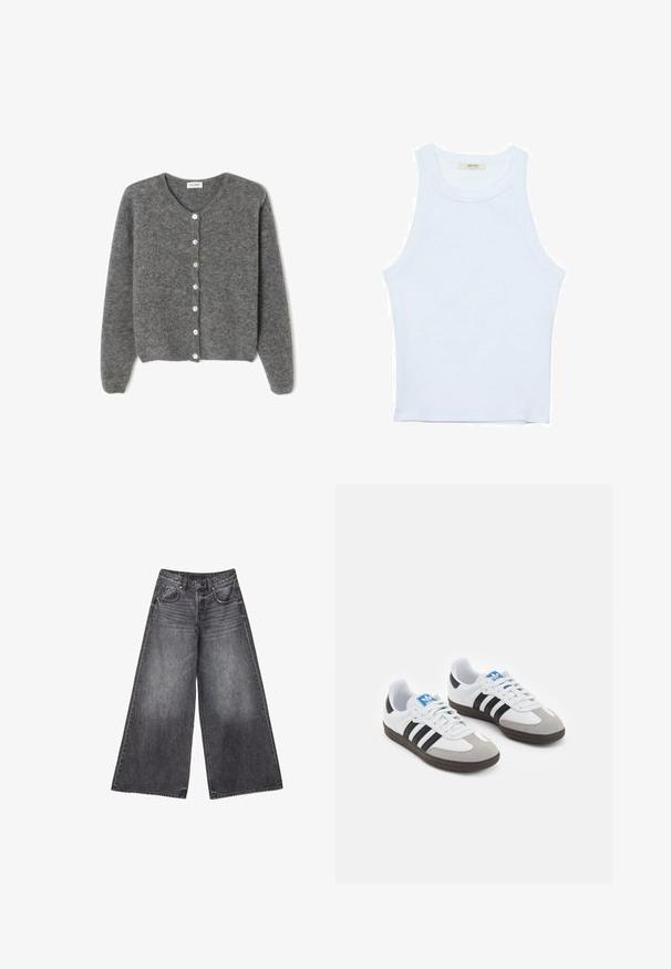 Sivý vlnený kardigán s okrúhlym výstrihom, s vydaním sedem predných gombíkov a jemným, textúrovaným povrchom. Rukávy sú mierne voľné.; Biele tielko, rebrový textúra, okrúhly výstrih, bezrukávový dizajn, priliehavý strih, diskrétne logo na štítku vo vnútri oblasti goliera.; Široké čierne vyblednuté džínsy s prednými vreckami, medenými nitmi, pútkom na opasok a malou hviezdičkou na pravom vrecku.; Športové topánky s bielym koženým zvrškom, šedou semišovou špičkou a tromi čiernymi pruhmi. Obsahujú modré logo na jazyku a štruktúrovanú gumovú podrážku.