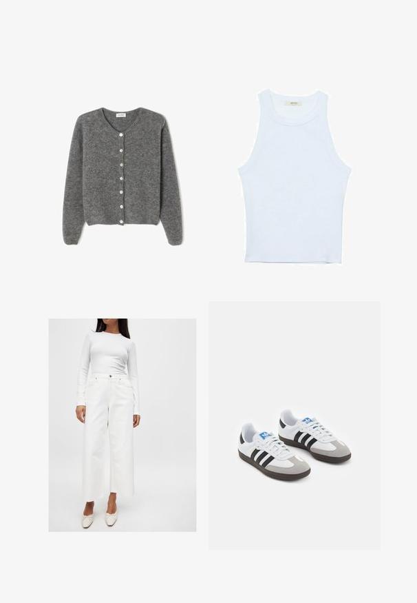 Grå uld cardigan med rund hals, prydet med syv knapper foran og en blød, tekstureret overflade. Ærmerne er en smule løse.; Hvid tanktop, ribbet tekstur, rund halsudskæring, ærmeløs design, tætsiddende form, diskret branding på mærket inden i kraveområdet.; Hvid langærmet bluse med ribbet tekstur, parret med højtaljede hvide vide jeans med forlommer og detaljer i sølvhardware.; Sportsko med en overdel i hvid læder, grå ruskind på tåen og tre sorte striber. Har et blåt logo på tungen og en struktureret gummisål.