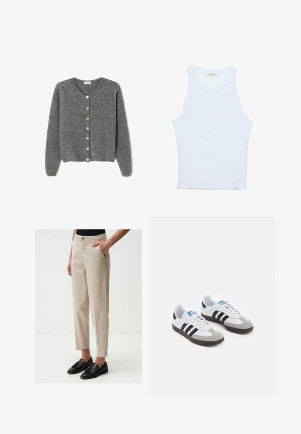 Gray wool cardigan with a round neckline, featuring seven front buttons and a soft, textured finish. Sleeves are slightly loose.; White tank top, ribbed texture, round neckline, sleeveless design, fitted shape, subtle branding on the label inside the collar area.; Beige trousers featuring a straight cut, side pockets, and a button closure. Worn with black loafers adorned with tassels.; Sport shoes with a white leather upper, gray suede toe, and three black stripes. Features a blue logo on the tongue and a textured rubber sole.