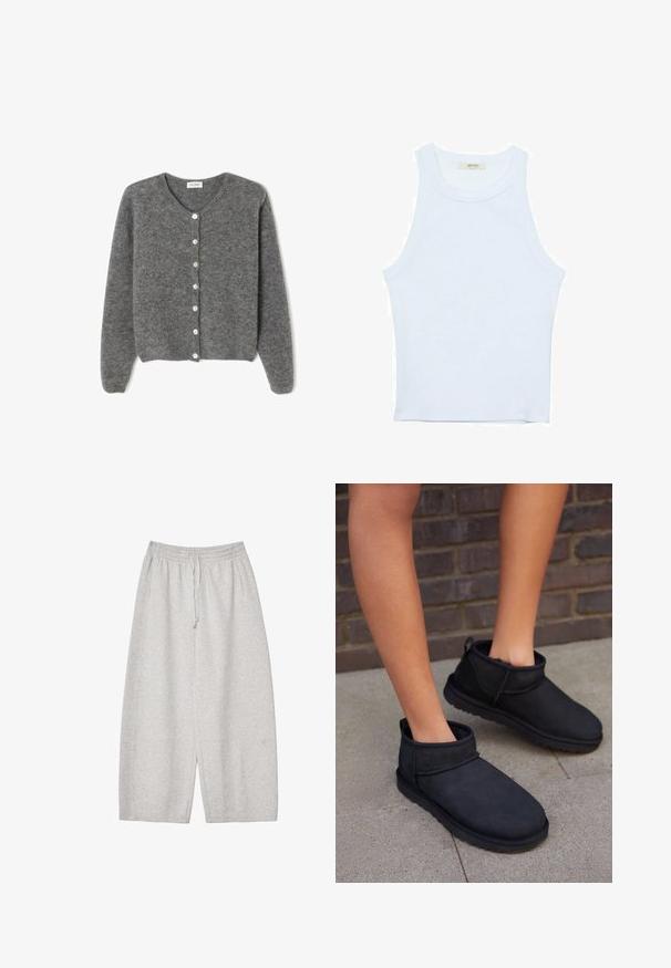 Grau gestrickte Wolle-Cardigan mit rundem Ausschnitt, ausgestattet mit sieben Vorderknöpfen und einer weichen, strukturierten Oberfläche. Die Ärmel sind leicht weit.; Weißes Tanktop, gerippte Textur, runder Ausschnitt, ärmelloses Design, enganliegende Form, dezente Markenkennzeichnung im Etikett im Kragenbereich.; Hellgraue Sweatpants mit elastischem Bund und Kordelzug, locker sitzend und mit glatter Textur, ideal für Komfort und lässige Kleidung.; Schwarze Ankle Boots aus Wildleder mit einem weichen Innenfutter. Sie verfügen über eine runde Zehenpartie und eine flache, strukturierte Sohle.