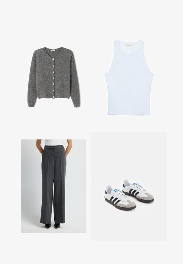Cardigan grigio in lana con scollo rotondo, caratterizzato da sette bottoni frontali e una finitura morbida e testurizzata. Le maniche sono leggermente ampie.; Canotta bianca, texture a coste, scollatura rotonda, design senza maniche, forma aderente, branding sottile sull'etichetta all'interno dell'area del colletto.; Pantaloni grigi a gamba larga, sartoriali, con fronte piatto, righe verticali e tasche. Tessuto misto lana liscio, finito con un orlo pulito.; Scarpe sportive con tomaia in pelle bianca, punta in suede grigia e tre strisce nere. Presentano un logo blu sulla linguetta e una suola in gomma testurizzata.