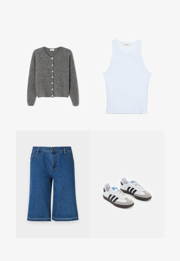 Sivkasta volnenega kardigana z okroglim izrezom, ki ima sedem sprednjih gumbov in mehak, teksturiran zaključek. Rokavi so nekoliko ohlapni.; Bela majica bez rukavov, rebrasta tekstura, okrugli izrez, kroj koji prati tijelo, suptilno brendiranje na etiketi unutar ovratnika.; Modri jeans kratki hlače s ravnim krojem, ki imajo pas, pet žepov in diskretne šive ob šivih.; Športni čevlji z belim usnjenim zgornjim delom, sivim semišem na prstih in tremi črnimi črtami. Imajo modro logo na jeziku in teksturiran gumijast podplat.