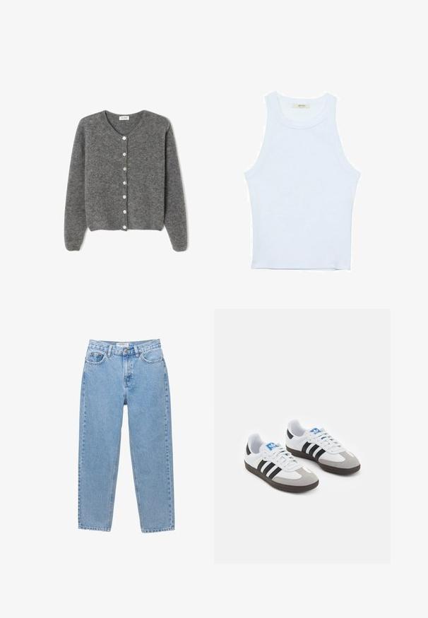 Šedý vlněný kardigan s kulatým výstřihem, který má sedm předních knoflíků a měkký, texturovaný povrch. Rukávy jsou mírně volné.; Bílý top bez rukávů, žebrovaná textura, kulatý výstřih, obtáhnutý střih, decentní značka na štítku uvnitř oblasti límce.; Světle modré džínové kalhoty s rovnými nohavicemi, pěti kapsami a zapínáním na knoflík. Mají jemné zesvětlení a klasický vzhled.; Sportovní boty s bílým koženým svrškem, šedou semišovou špičkou a třemi černými pruhy. Obsahují modré logo na jazyku a texturovanou gumovou podrážku.