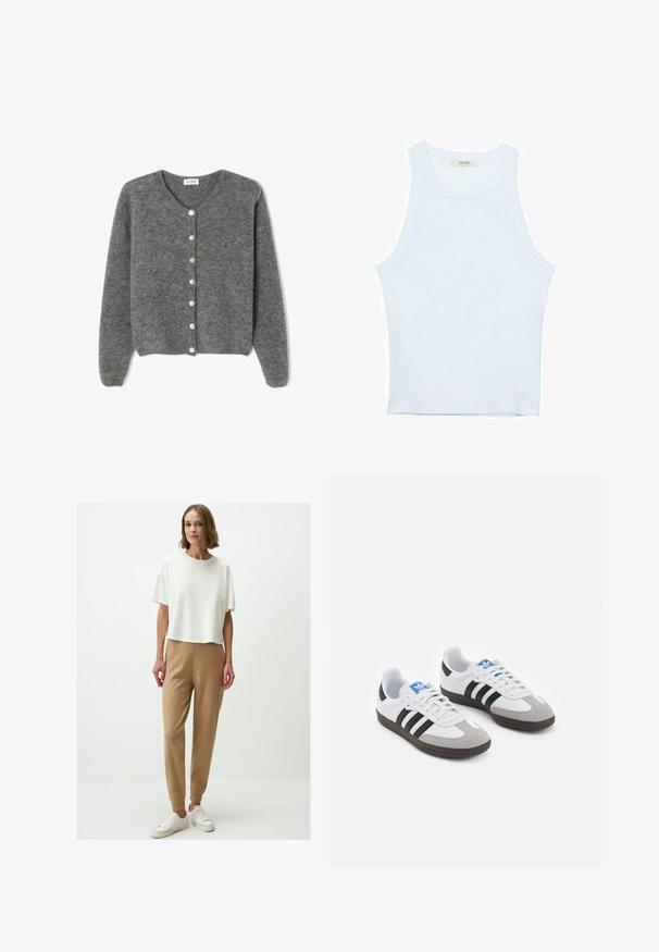 Gray wool cardigan with a round neckline, featuring seven front buttons and a soft, textured finish. Sleeves are slightly loose.; White tank top, ribbed texture, round neckline, sleeveless design, fitted shape, subtle branding on the label inside the collar area.; White short-sleeve oversized t-shirt, paired with light brown tapered sweatpants with ribbed cuffs and white sneakers. Smooth texture.; Sport shoes with a white leather upper, gray suede toe, and three black stripes. Features a blue logo on the tongue and a textured rubber sole.