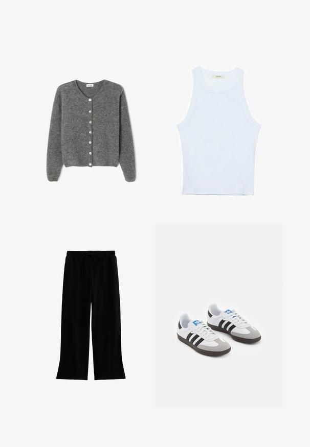 Grå ullcardigan med rund halsringning, som har sju framknappar och en mjuk, strukturerad yta. Ärmarna är något lösa.; Vit linne med ribbat mönster, rund halsringning, ärmlös design, figurnära passform, diskret logotyp på etiketten inuti halsringningen.; Svarta vida byxor i mjukt material, med elastisk midja och dragsko för justerbar passform och utan synliga mönster.; Sportskor med överdel i vit läder, grå mocka på tårna och tre svarta ränder. Har en blå logotyp på tungan och en texturerad gummisula.