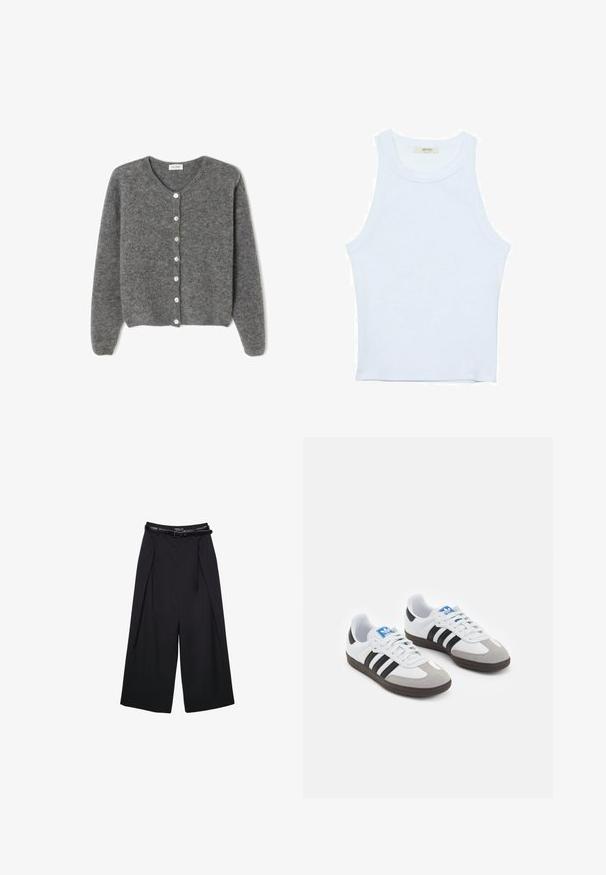 Sivi vuneni kardigan s okruglim izrezom, sa sedam prednjih dugmadi i mekim, teksturiranim završetkom. Rukavi su blago široki.; Bijela majica na bretele, rebrasta tekstura, okrugli izrez, bez rukava, uski kroj, suptilno brendiranje na etiketici unutar područja ovratnika.; Crne hlače širokih nogavica od glatke tkanine, s visokim strukom i petljama za remen, s nabranim prednjim detaljima i bez vidljivih uzoraka.; Sportske cipele s gornjištem od bijele kože, sivi suedinasti nos i tri crne pruge. Imaju plavi logo na jeziku i teksturiranu gumenu podlogu.