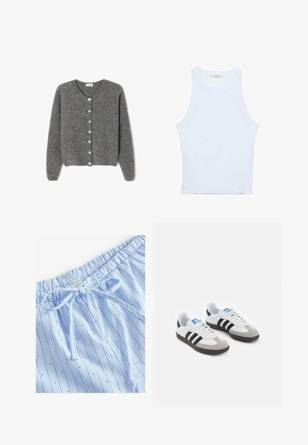 Cardigan grigio in lana con scollo rotondo, caratterizzato da sette bottoni frontali e una finitura morbida e testurizzata. Le maniche sono leggermente ampie.; Canotta bianca, texture a coste, scollatura rotonda, design senza maniche, forma aderente, branding sottile sull'etichetta all'interno dell'area del colletto.; Pantaloni del pigiama azzurro chiaro con strisce verticali e piccoli chiodini riflettenti. Vita elastica con cordoncino per la regolazione.; Scarpe sportive con tomaia in pelle bianca, punta in suede grigia e tre strisce nere. Presentano un logo blu sulla linguetta e una suola in gomma testurizzata.