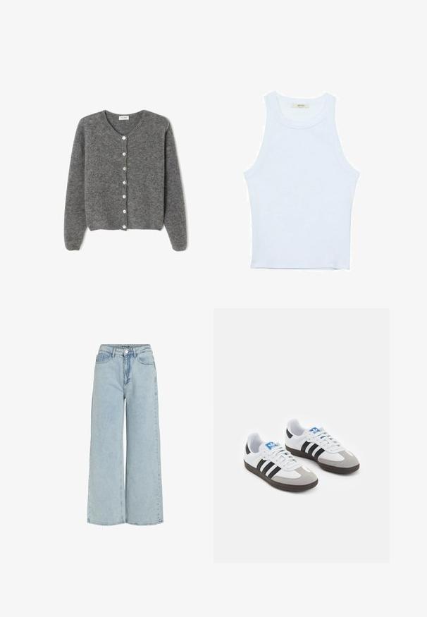 Šedý vlněný kardigan s kulatým výstřihem, který má sedm předních knoflíků a měkký, texturovaný povrch. Rukávy jsou mírně volné.; Bílý top bez rukávů, žebrovaná textura, kulatý výstřih, obtáhnutý střih, decentní značka na štítku uvnitř oblasti límce.; Světle modré široké džíny z denimu s vysokým pasem, předními kapsami a zapínáním na knoflík. Mají vyšisovanou strukturu a čisté linie.; Sportovní boty s bílým koženým svrškem, šedou semišovou špičkou a třemi černými pruhy. Obsahují modré logo na jazyku a texturovanou gumovou podrážku.