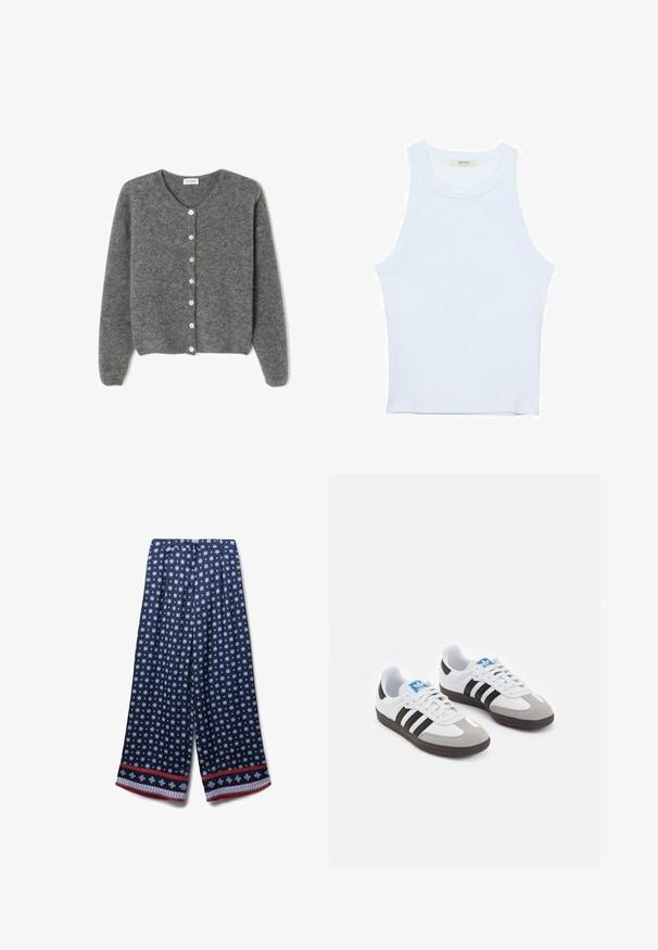 Grau gestrickte Wolle-Cardigan mit rundem Ausschnitt, ausgestattet mit sieben Vorderknöpfen und einer weichen, strukturierten Oberfläche. Die Ärmel sind leicht weit.; Weißes Tanktop, gerippte Textur, runder Ausschnitt, ärmelloses Design, enganliegende Form, dezente Markenkennzeichnung im Etikett im Kragenbereich.; Marineblaue weit geschnittene Hosen mit einem floralen Muster in Pink und Weiß. Sie verfügen über einen kontrastierenden rotem, gemustertem Saum und sind aus leichtem Stoff gefertigt.; Sportschuhe mit einem Obermaterial aus weißem Leder, grauer Wildleder-Zehenkappe und drei schwarzen Streifen. Sie verfügen über ein blaues Logo auf der Zunge und eine strukturierte Gummisohle.