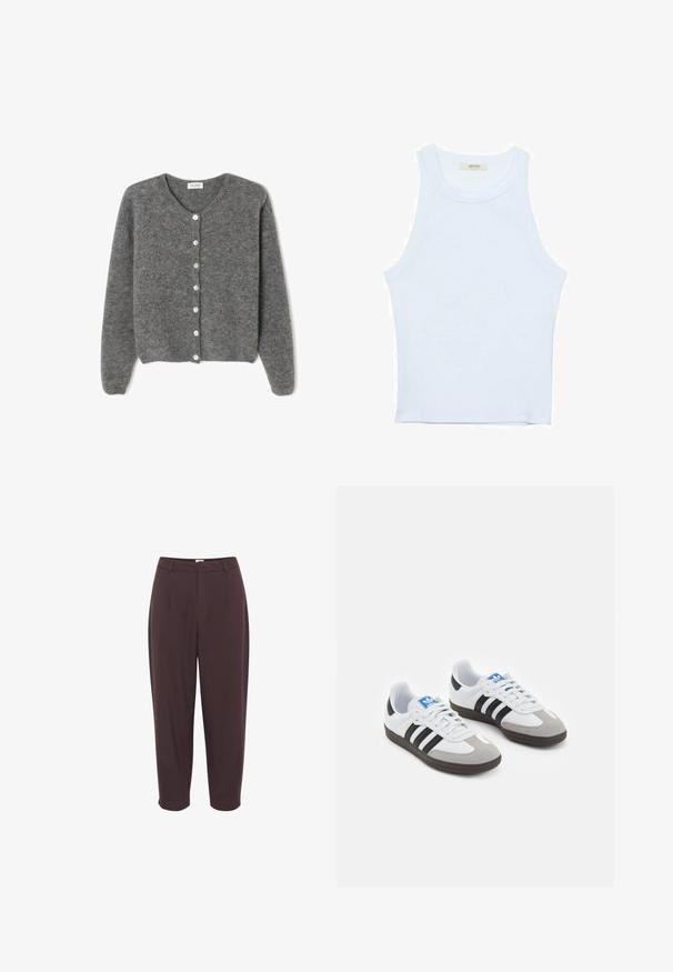 Cardigan grigio in lana con scollo rotondo, caratterizzato da sette bottoni frontali e una finitura morbida e testurizzata. Le maniche sono leggermente ampie.; Canotta bianca, texture a coste, scollatura rotonda, design senza maniche, forma aderente, branding sottile sull'etichetta all'interno dell'area del colletto.; Pantaloni marrone scuro a vita alta con una vestibilità rilassata, con pieghe sul davanti e gamba affusolata, dotati di una superficie liscia e senza elementi hardware visibili.; Scarpe sportive con tomaia in pelle bianca, punta in suede grigia e tre strisce nere. Presentano un logo blu sulla linguetta e una suola in gomma testurizzata.