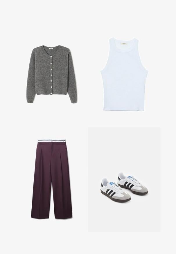 Cardigan grigio in lana con scollo rotondo, caratterizzato da sette bottoni frontali e una finitura morbida e testurizzata. Le maniche sono leggermente ampie.; Canotta bianca, texture a coste, scollatura rotonda, design senza maniche, forma aderente, branding sottile sull'etichetta all'interno dell'area del colletto.; Pantaloni ampi di colore viola scuro con pieghe frontali e una vita bianca con sottili strisce orizzontali.; Scarpe sportive con tomaia in pelle bianca, punta in suede grigia e tre strisce nere. Presentano un logo blu sulla linguetta e una suola in gomma testurizzata.