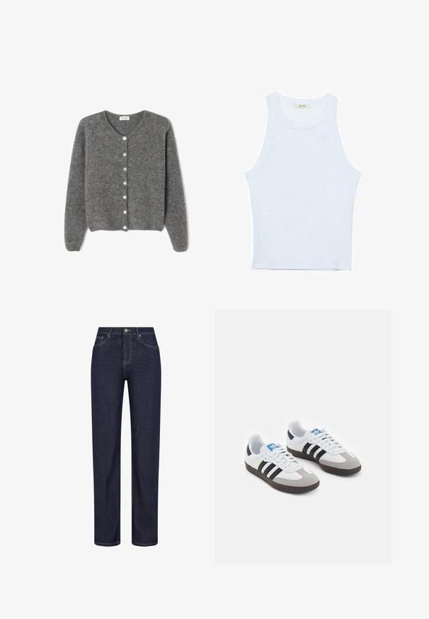 Sivkasta volnenega kardigana z okroglim izrezom, ki ima sedem sprednjih gumbov in mehak, teksturiran zaključek. Rokavi so nekoliko ohlapni.; Bela majica bez rukavov, rebrasta tekstura, okrugli izrez, kroj koji prati tijelo, suptilno brendiranje na etiketi unutar ovratnika.; Temno modri kavbojki z ravnim hlačnicami, opremljeni z vidnim šivom, sprednjo gumbno zapiranje in dvema stranskima žepoma.; Športni čevlji z belim usnjenim zgornjim delom, sivim semišem na prstih in tremi črnimi črtami. Imajo modro logo na jeziku in teksturiran gumijast podplat.