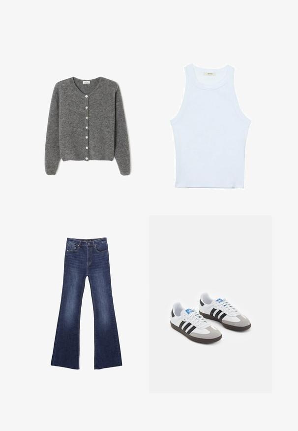 Harmaa villaneule, jossa on pyöreä kaula-aukko, seitsemällä etunapilla ja pehmeällä, teksturoidulla pinnalla. Hihat ovat hieman löysät.; Valkoinen hihaton toppi, ribbed rakenne, pyöreä pääntie, hihaton malli, tiukka muoto, hillitty brändäys kauluksella sisäpuolella.; Tummat farkut, joissa on levenevä lahjesuunnittelu, valmistettu denimistä. Ominaisuuksiin kuuluvat etutaskut ja vetoketjukiinnitys nappikiinnityksellä. Suora vyötärö.; Urheilukengät, joissa on valkoinen nahkainen päällinen, harmaa mokkanokka ja kolme mustaa raitaa. Ominaisuuksina sininen logo kielekkeessä ja kuvioitu kumipohja.