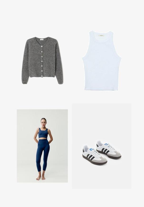 Cardigan grigio in lana con scollo rotondo, caratterizzato da sette bottoni frontali e una finitura morbida e testurizzata. Le maniche sono leggermente ampie.; Canotta bianca, texture a coste, scollatura rotonda, design senza maniche, forma aderente, branding sottile sull'etichetta all'interno dell'area del colletto.; Top corto a coste blu e leggings a vita alta, entrambi realizzati in materiale elasticizzato. Design aderente con texture liscia e cuciture minime.; Scarpe sportive con tomaia in pelle bianca, punta in suede grigia e tre strisce nere. Presentano un logo blu sulla linguetta e una suola in gomma testurizzata.