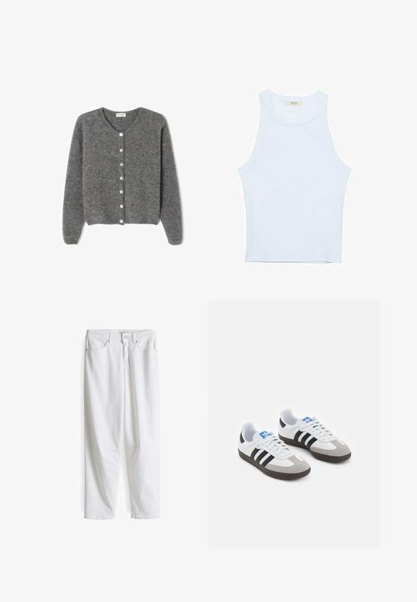Cardigan grigio in lana con scollo rotondo, caratterizzato da sette bottoni frontali e una finitura morbida e testurizzata. Le maniche sono leggermente ampie.; Canotta bianca, texture a coste, scollatura rotonda, design senza maniche, forma aderente, branding sottile sull'etichetta all'interno dell'area del colletto.; Pantaloni in denim bianco con una vestibilità rilassata, caratterizzati da un classico design a cinque tasche, chiusura frontale con bottone e gamba dritta.; Scarpe sportive con tomaia in pelle bianca, punta in suede grigia e tre strisce nere. Presentano un logo blu sulla linguetta e una suola in gomma testurizzata.