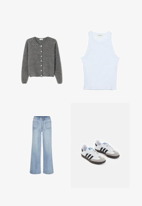 Grau gestrickte Wolle-Cardigan mit rundem Ausschnitt, ausgestattet mit sieben Vorderknöpfen und einer weichen, strukturierten Oberfläche. Die Ärmel sind leicht weit.; Weißes Tanktop, gerippte Textur, runder Ausschnitt, ärmelloses Design, enganliegende Form, dezente Markenkennzeichnung im Etikett im Kragenbereich.; Helle blaue weit geschnittene Jeans aus Denim, mit hoher Taille, fünf Taschen und einem sauberen Abschluss am Saum.; Sportschuhe mit einem Obermaterial aus weißem Leder, grauer Wildleder-Zehenkappe und drei schwarzen Streifen. Sie verfügen über ein blaues Logo auf der Zunge und eine strukturierte Gummisohle.