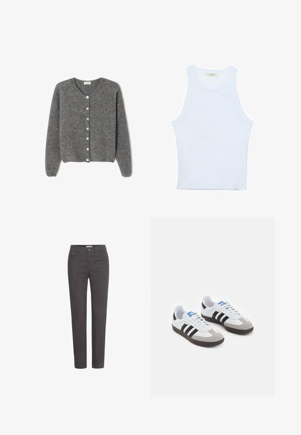 Szary wełniany kardigan z okrągłym dekoltem, z siedmioma guzikami z przodu i miękkim, teksturowanym wykończeniem. Rękawy są nieco luźne.; Biały top bez rękawów, prążkowana tekstura, okrągły dekolt, dopasowany krój, subtelne logo na metce wewnątrz obszaru kołnierza.; Ciemnoszare dżinsy o prostych nogawkach, z przednimi kieszeniami i zapięciem na guzik. Materiał ma gładką teksturę i minimalne akcenty w hardware.; Buty sportowe z białą skórzaną cholewką, szarym zamszowym noskiem i trzema czarnymi paskami. Posiadają niebieskie logo na języku oraz teksturowaną gumową podeszwę.