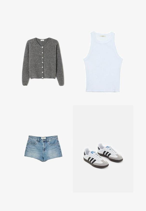 Sivkasta volnenega kardigana z okroglim izrezom, ki ima sedem sprednjih gumbov in mehak, teksturiran zaključek. Rokavi so nekoliko ohlapni.; Bela majica bez rukavov, rebrasta tekstura, okrugli izrez, kroj koji prati tijelo, suptilno brendiranje na etiketi unutar ovratnika.; Denim kratke hlače, svetlo modre, visok pas, pet žepov, raztrgani rob, standardno zapiranje na gumb, oznaka logotipa na pasu.; Športni čevlji z belim usnjenim zgornjim delom, sivim semišem na prstih in tremi črnimi črtami. Imajo modro logo na jeziku in teksturiran gumijast podplat.