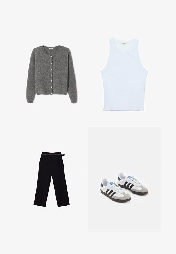 Grau gestrickte Wolle-Cardigan mit rundem Ausschnitt, ausgestattet mit sieben Vorderknöpfen und einer weichen, strukturierten Oberfläche. Die Ärmel sind leicht weit.; Weißes Tanktop, gerippte Textur, runder Ausschnitt, ärmelloses Design, enganliegende Form, dezente Markenkennzeichnung im Etikett im Kragenbereich.; Schwarze weit geschnittene Hose mit glatter Textur. Verfügt über einen taillierten Bund, Gürtelschlaufen und Fronttaschen.; Sportschuhe mit einem Obermaterial aus weißem Leder, grauer Wildleder-Zehenkappe und drei schwarzen Streifen. Sie verfügen über ein blaues Logo auf der Zunge und eine strukturierte Gummisohle.