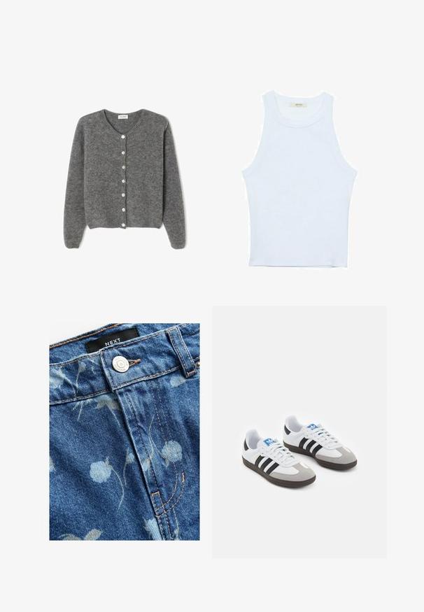Sivý vlnený kardigán s okrúhlym výstrihom, s vydaním sedem predných gombíkov a jemným, textúrovaným povrchom. Rukávy sú mierne voľné.; Biele tielko, rebrový textúra, okrúhly výstrih, bezrukávový dizajn, priliehavý strih, diskrétne logo na štítku vo vnútri oblasti goliera.; Denimová tkanina v svetlo modrej farbe s kvetinovou potlačou. Obsahuje strieborné zapínanie na gombík a béžové prešitie pozdĺž švov. Viditeľná značka.; Športové topánky s bielym koženým zvrškom, šedou semišovou špičkou a tromi čiernymi pruhmi. Obsahujú modré logo na jazyku a štruktúrovanú gumovú podrážku.
