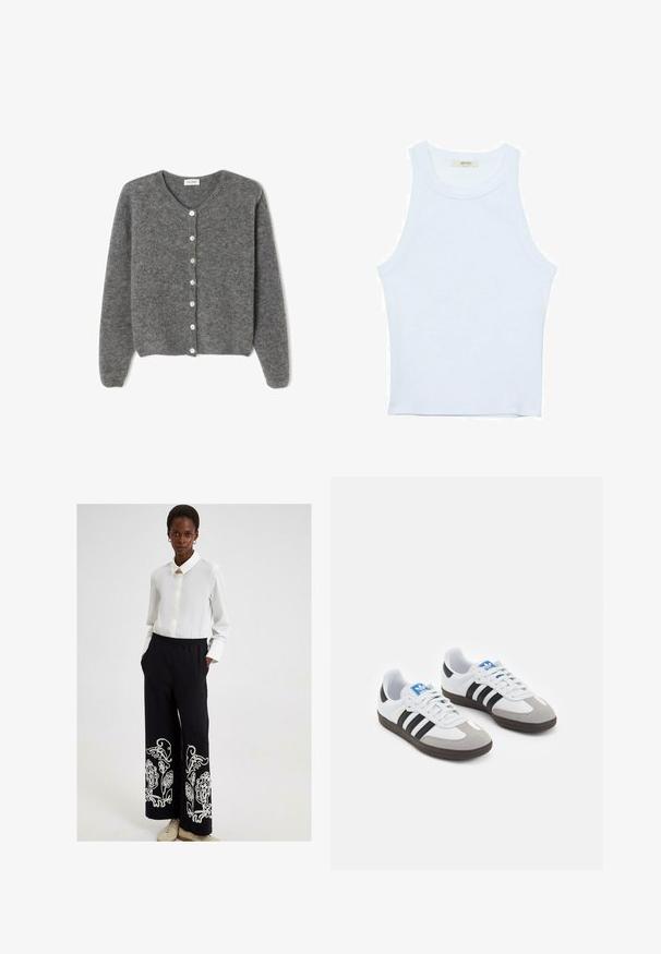 Szary wełniany kardigan z okrągłym dekoltem, z siedmioma guzikami z przodu i miękkim, teksturowanym wykończeniem. Rękawy są nieco luźne.; Biały top bez rękawów, prążkowana tekstura, okrągły dekolt, dopasowany krój, subtelne logo na metce wewnątrz obszaru kołnierza.; Touché Privé EMBROIDERED czarny; Buty sportowe z białą skórzaną cholewką, szarym zamszowym noskiem i trzema czarnymi paskami. Posiadają niebieskie logo na języku oraz teksturowaną gumową podeszwę.