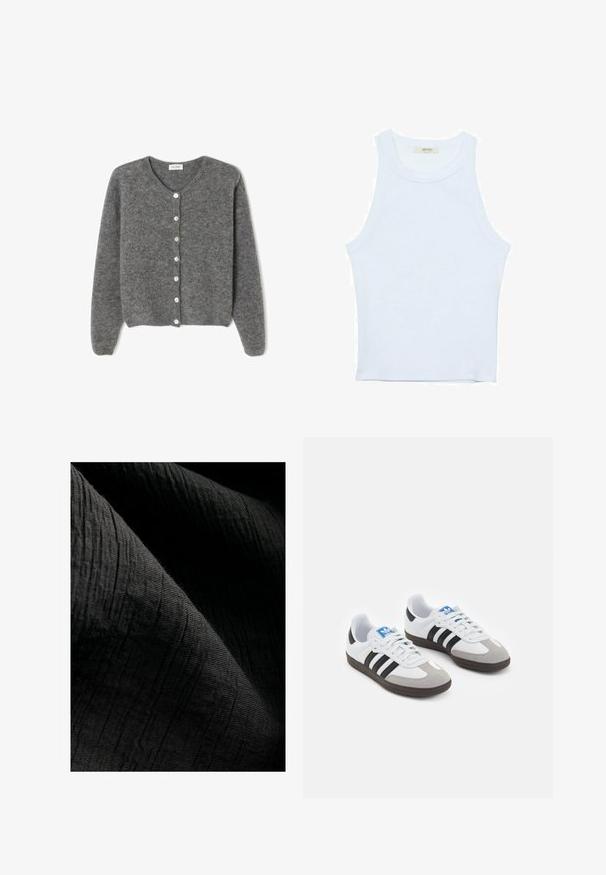 Grau gestrickte Wolle-Cardigan mit rundem Ausschnitt, ausgestattet mit sieben Vorderknöpfen und einer weichen, strukturierten Oberfläche. Die Ärmel sind leicht weit.; Weißes Tanktop, gerippte Textur, runder Ausschnitt, ärmelloses Design, enganliegende Form, dezente Markenkennzeichnung im Etikett im Kragenbereich.; Texturiertes schwarzes Gewebe mit einem subtilen gerippten Muster, leicht reflektierend, das in Falten fällt und seine Tiefe sowie taktile Qualität verstärkt.; Sportschuhe mit einem Obermaterial aus weißem Leder, grauer Wildleder-Zehenkappe und drei schwarzen Streifen. Sie verfügen über ein blaues Logo auf der Zunge und eine strukturierte Gummisohle.