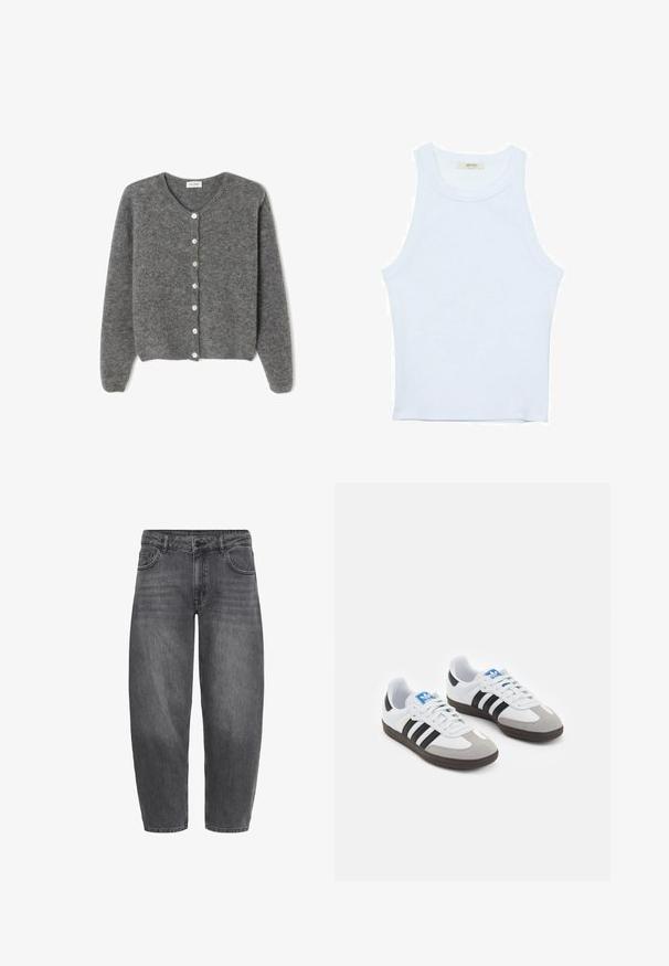 Sivi vuneni kardigan s okruglim izrezom, sa sedam prednjih dugmadi i mekim, teksturiranim završetkom. Rukavi su blago široki.; Bijela majica na bretele, rebrasta tekstura, okrugli izrez, bez rukava, uski kroj, suptilno brendiranje na etiketici unutar područja ovratnika.; Crne traperice od denima s širokim krojem, sa dizajnom s pet džepova, kopčanjem na gumb i suptilnim izbjeljivanjem za teksturu.; Sportske cipele s gornjištem od bijele kože, sivi suedinasti nos i tri crne pruge. Imaju plavi logo na jeziku i teksturiranu gumenu podlogu.