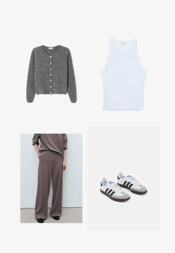 Grijze wollen cardigan met een ronde halslijn, voorzien van zeven knopen aan de voorkant en een zachte, gestructureerde afwerking. De mouwen zijn iets los.; Witte tanktop, geribbelde textuur, ronde halslijn, mouwloos ontwerp, aansluitende vorm, subtiele branding op het label binnenin de kraag.; Losse, bruin gekleurde stoffen broek met een hoge taille, wijde pijpen en zijzakken, gecombineerd met een bijpassend oversized shirt.; Sportschoenen met een witte leren bovenkant, grijze suède neus en drie zwarte strepen. Bevat een blauw logo op de tong en een gestructureerde rubberen zool.