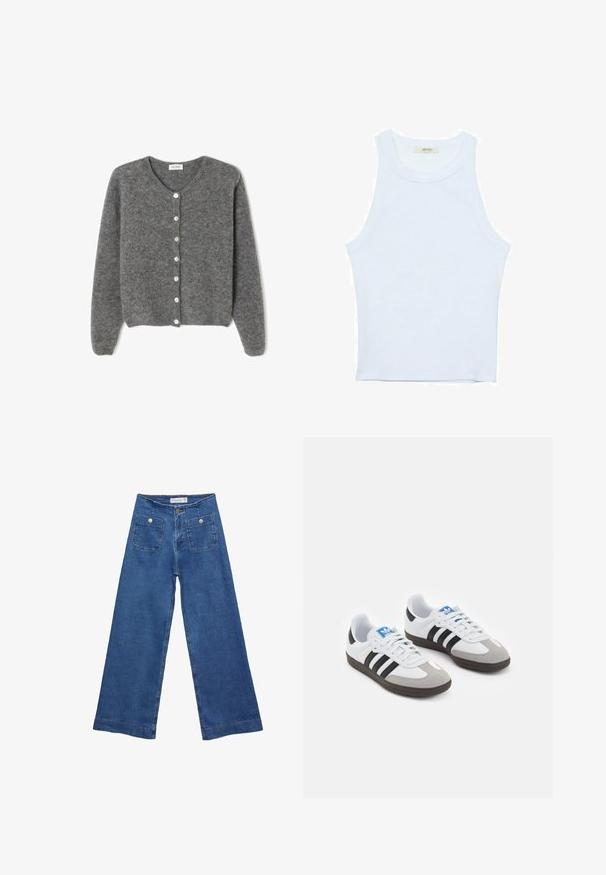 Sivkasta volnenega kardigana z okroglim izrezom, ki ima sedem sprednjih gumbov in mehak, teksturiran zaključek. Rokavi so nekoliko ohlapni.; Bela majica bez rukavov, rebrasta tekstura, okrugli izrez, kroj koji prati tijelo, suptilno brendiranje na etiketi unutar ovratnika.; Jeans širokih nogavic iz denima z medenim modrim pranjem, dvema sprednjima žepoma z gumbnimi zaprtji in šivanjem ob robovih.; Športni čevlji z belim usnjenim zgornjim delom, sivim semišem na prstih in tremi črnimi črtami. Imajo modro logo na jeziku in teksturiran gumijast podplat.